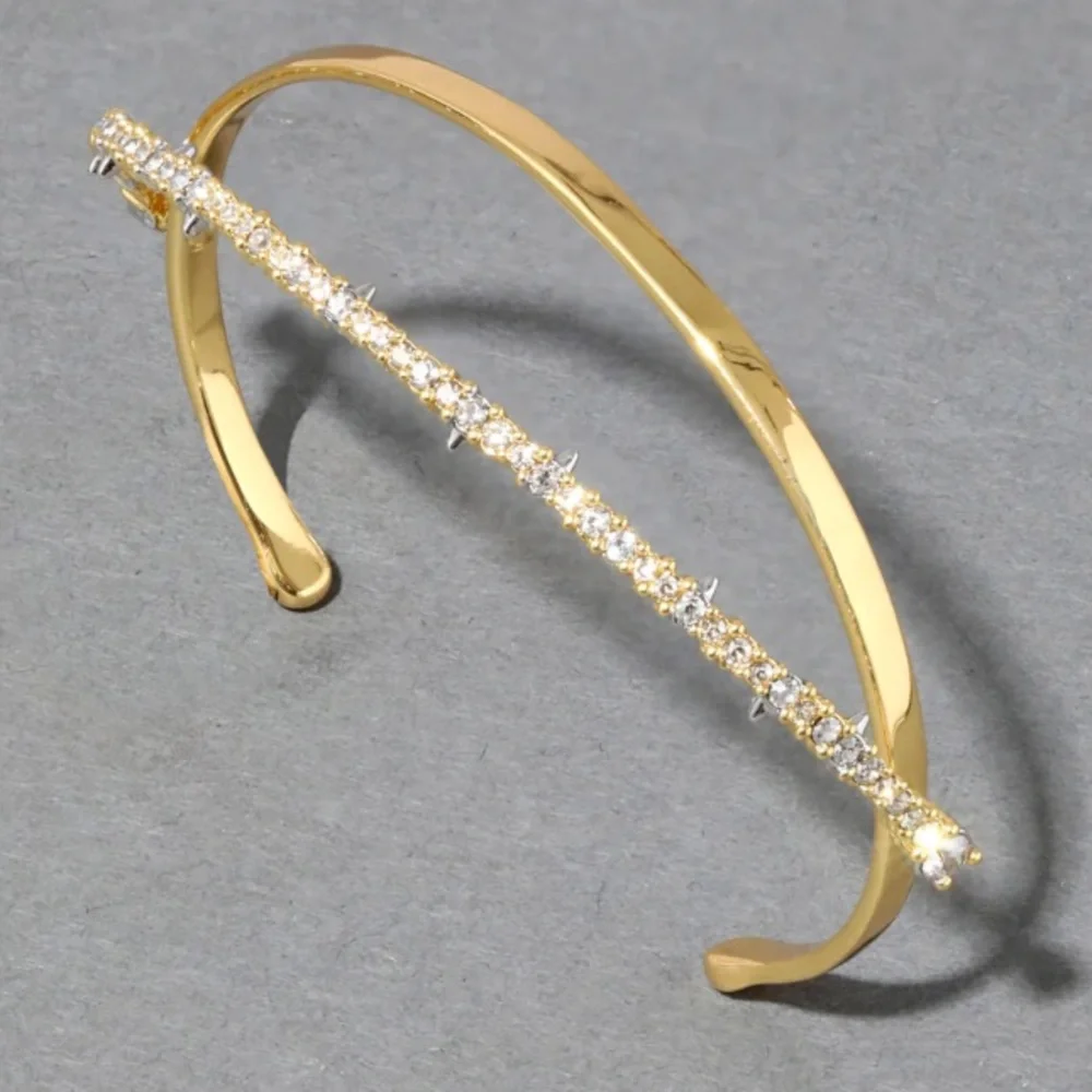 Alexis Bittar Gold Pavé Crystal Orbiting Curved Bar Hinged Split Double Bracelet